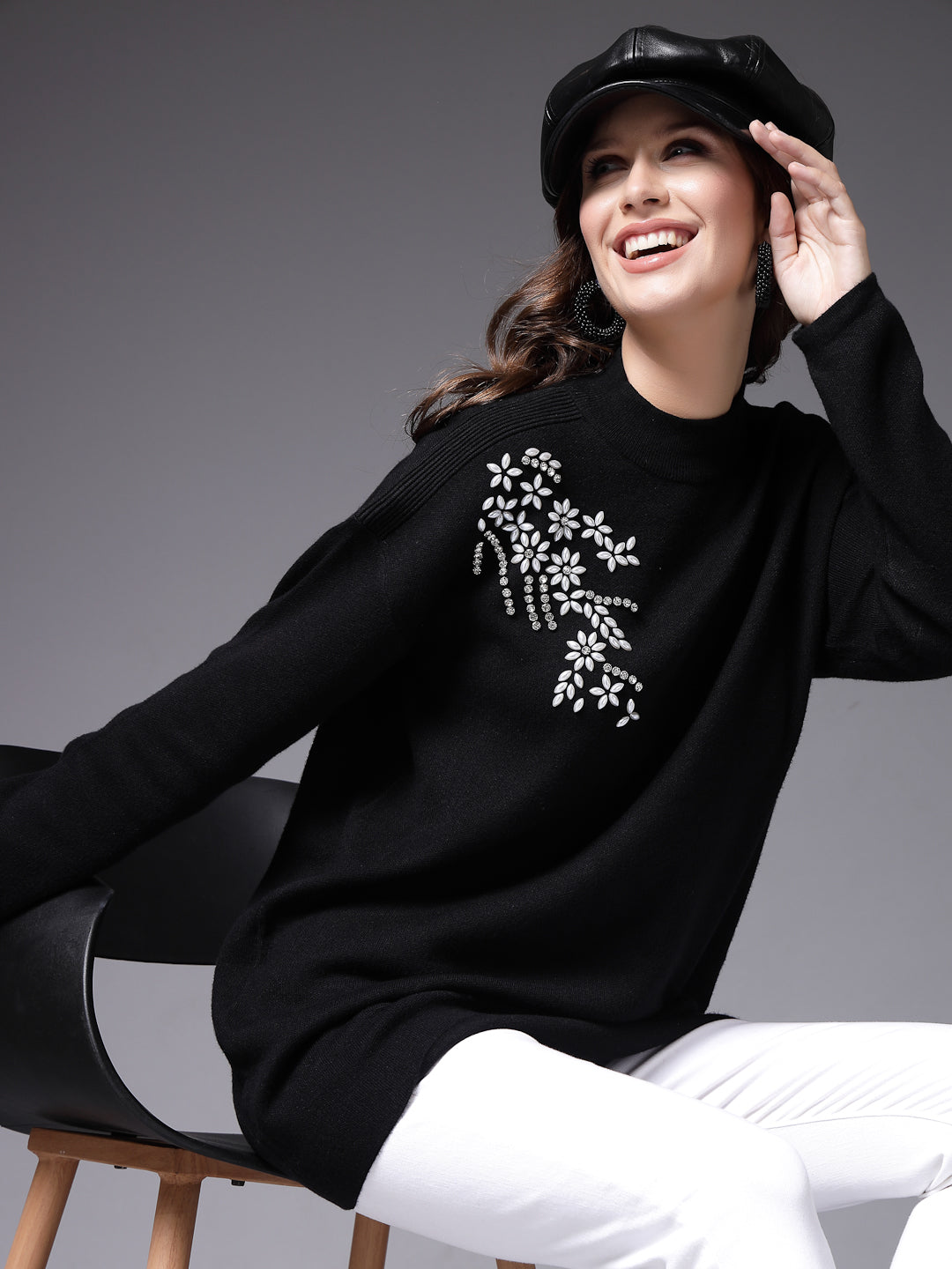 Mafadeny Women Winter Wear Black Embroidered Stylished Top