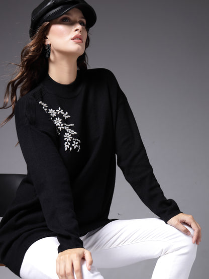 Mafadeny Women Winter Wear Black Embroidered Stylished Top