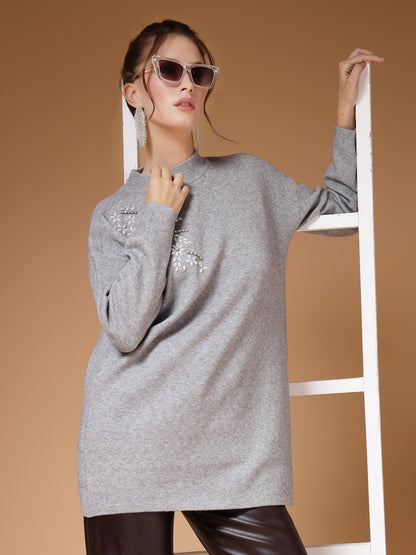 Mafadeny Women Winter Wear Grey Embroidered Stylished Top