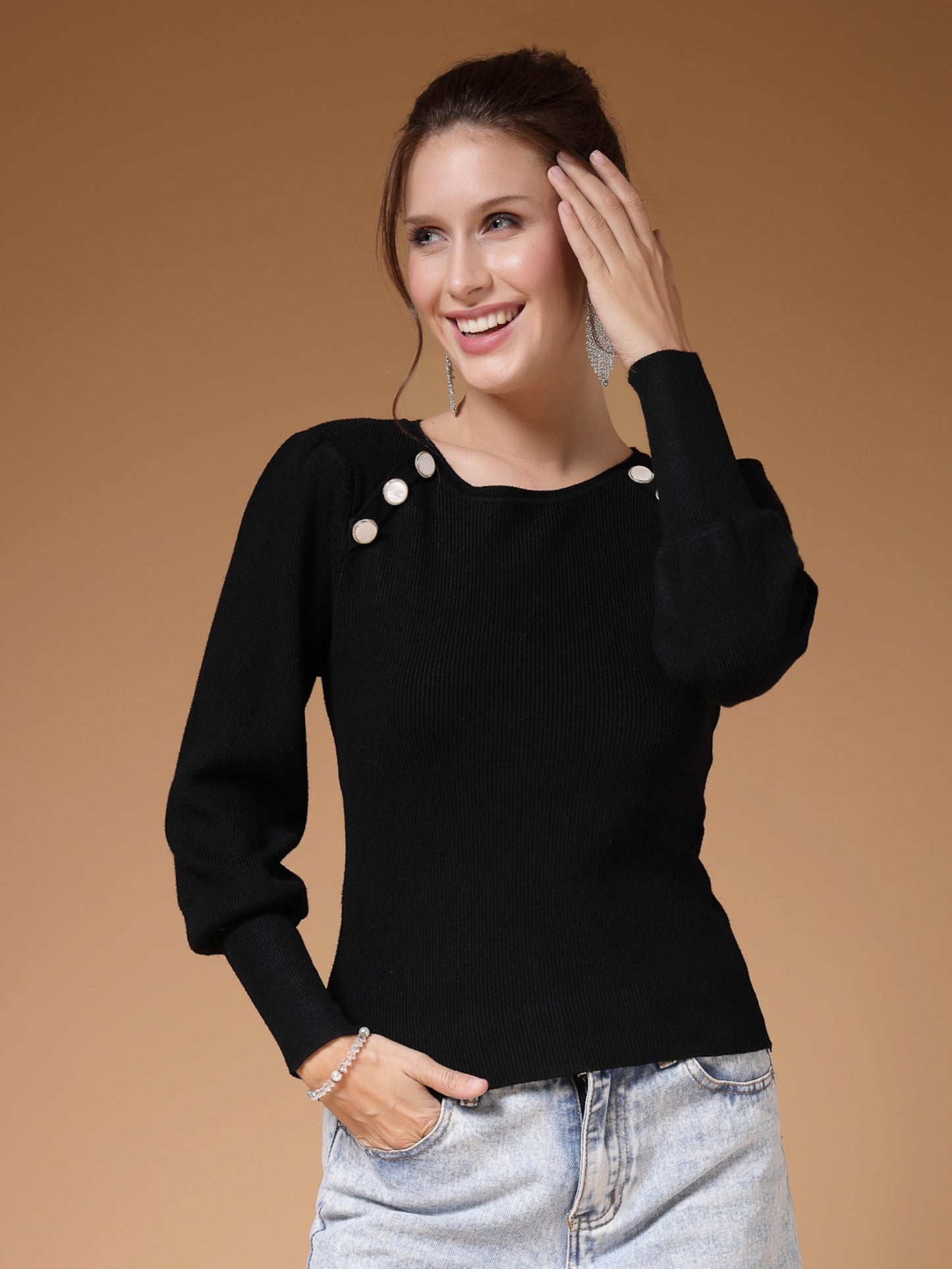 Mafadeny Women Winter Wear Black Stylished & Cosy Top