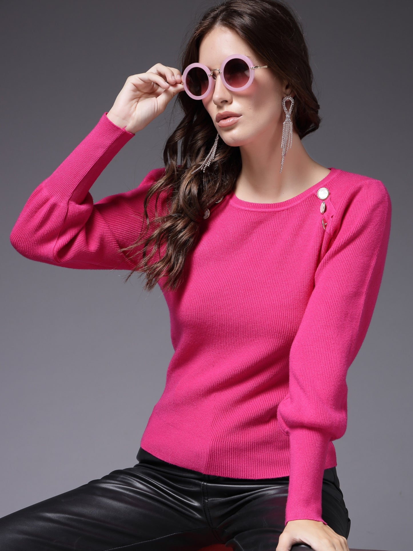 Mafadeny Women Winter Wear Fusia Pink Stylished & Cosy Top