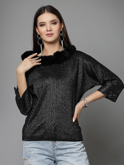 Mafadeny Women Winter Wear Black Stylished Top