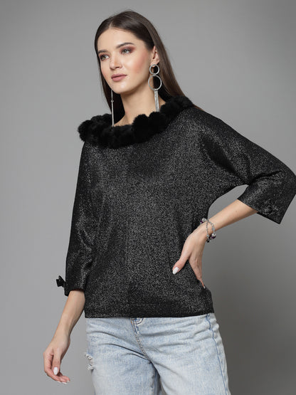 Mafadeny Women Winter Wear Black Stylished Top