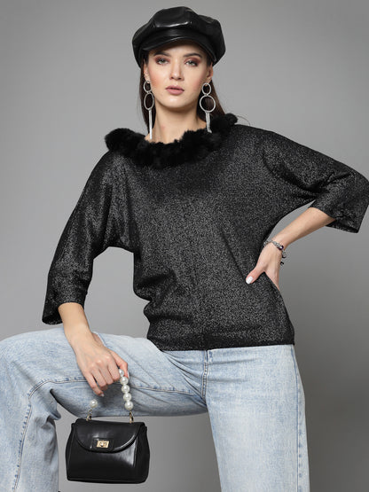 Mafadeny Women Winter Wear Black Stylished Top