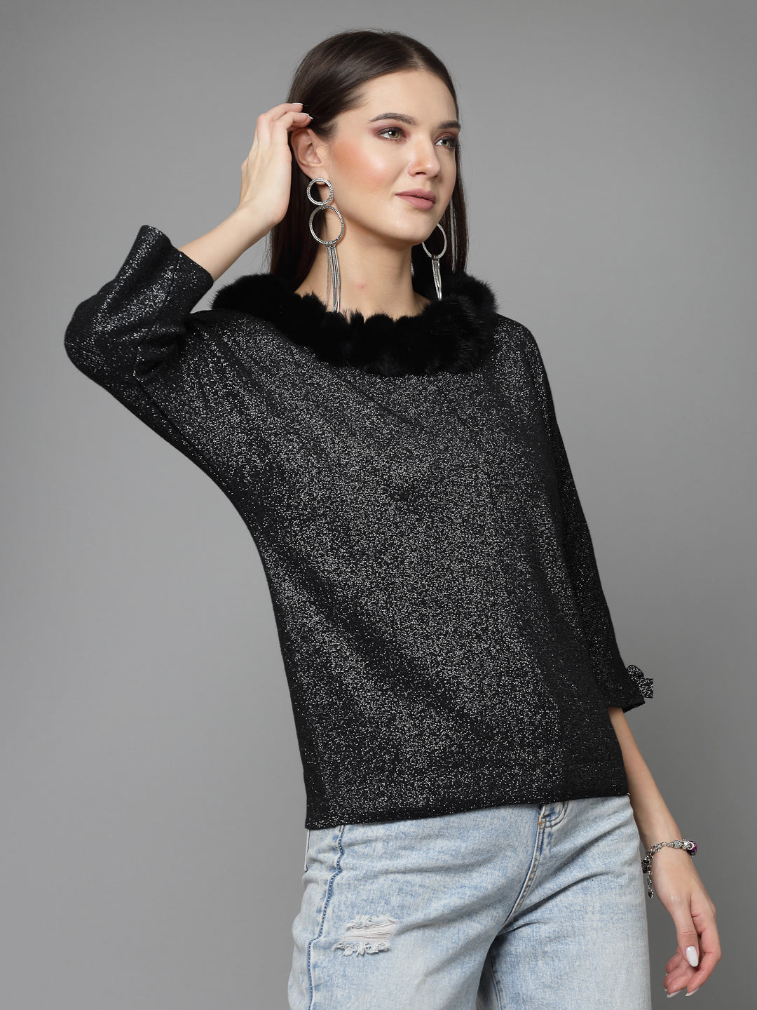 Mafadeny Women Winter Wear Black Stylished Top