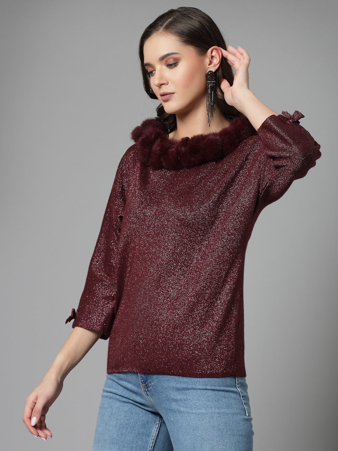 Mafadeny Women Winter Wear Maroon Stylished Top