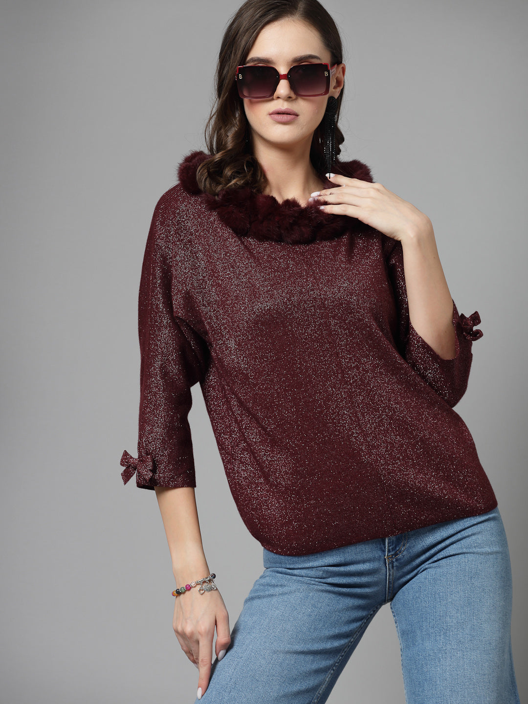 Mafadeny Women Winter Wear Maroon Stylished Top