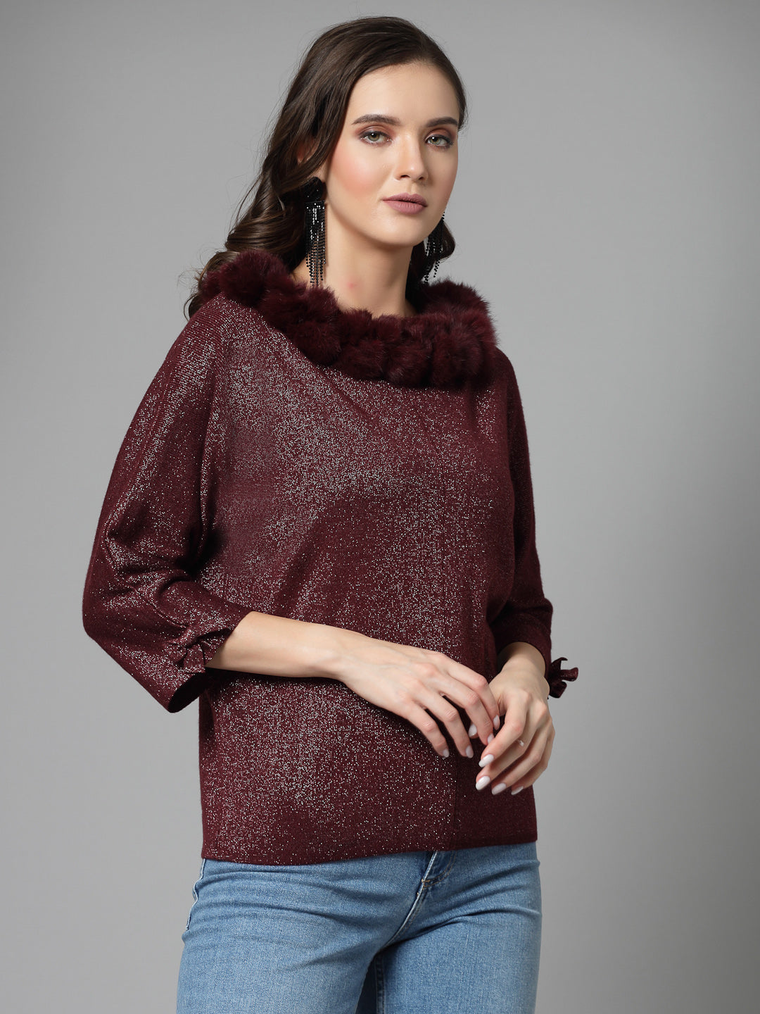 Mafadeny Women Winter Wear Maroon Stylished Top