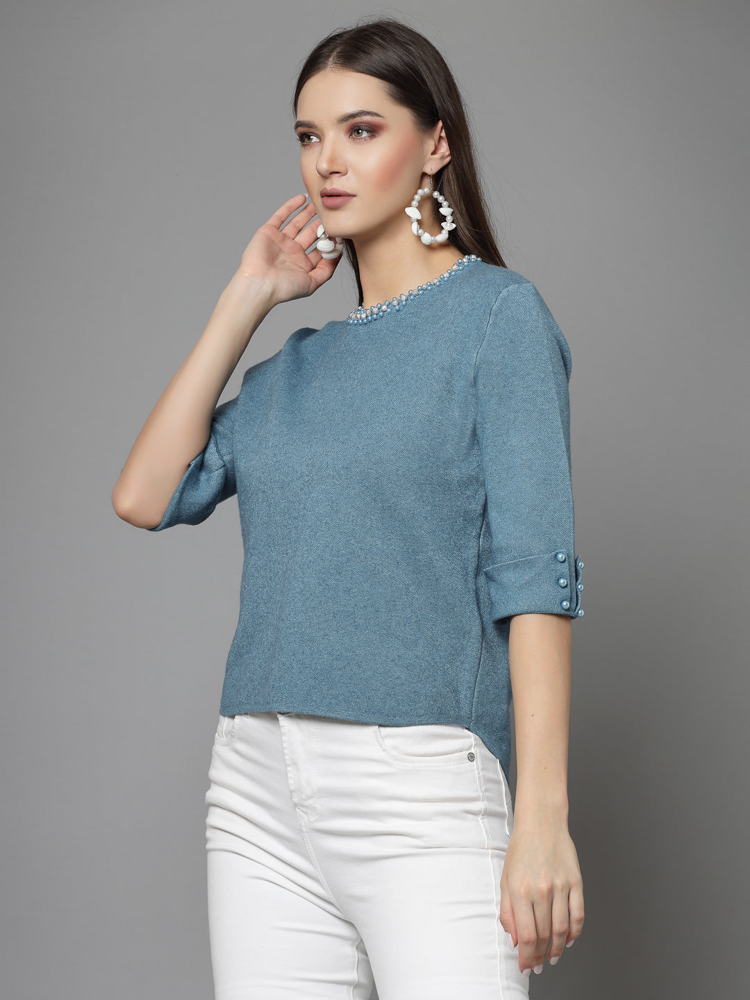 Mafadeny Women Winter Wear Teal Blue Stylished Top