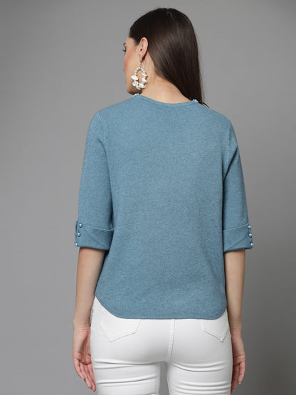 Mafadeny Women Winter Wear Teal Blue Stylished Top