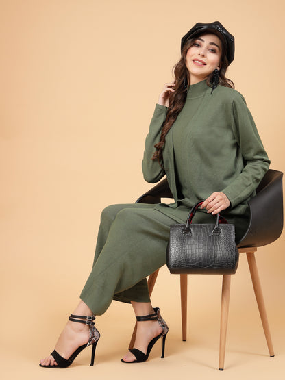 Mafadeny Women Winter Wear Green Three- Piece Co-Ords Set