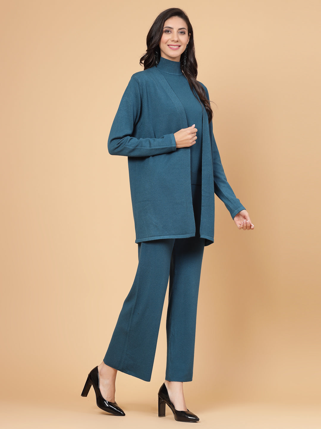 Mafadeny Women Winter Wear Teal Blue Three- Piece Co-Ords Set