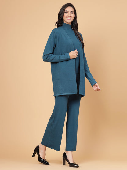 Mafadeny Women Winter Wear Teal Blue Three- Piece Co-Ords Set