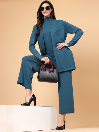 Mafadeny Women Winter Wear Teal Blue Three- Piece Co-Ords Set