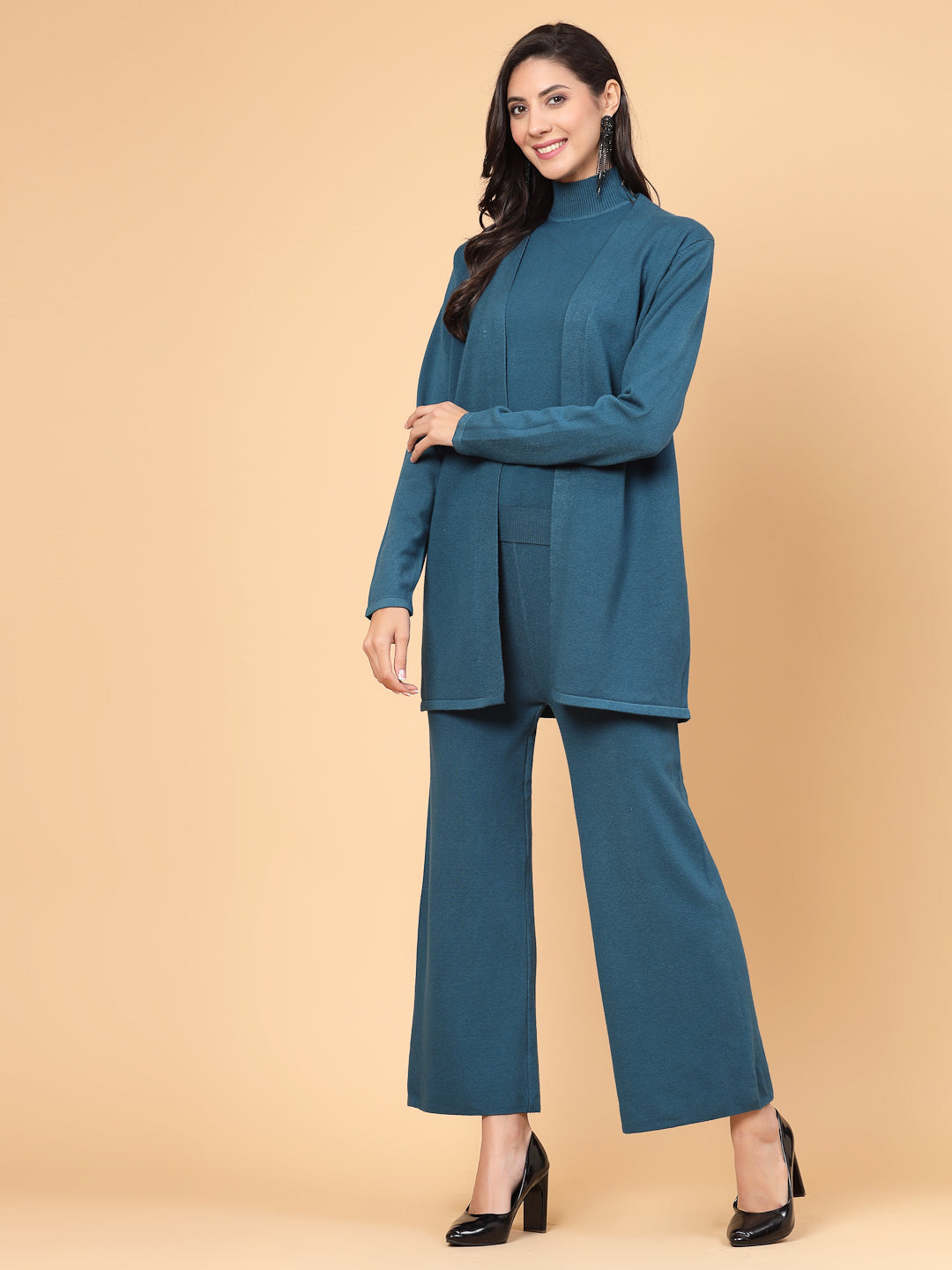 Mafadeny Women Winter Wear Teal Blue Three- Piece Co-Ords Set