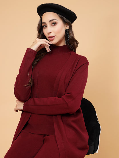 Mafadeny Women Winter Wear Wine Three- Piece Co-Ords Set