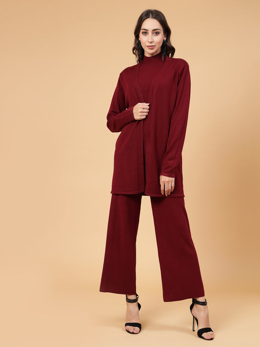 Mafadeny Women Winter Wear Wine Three- Piece Co-Ords Set