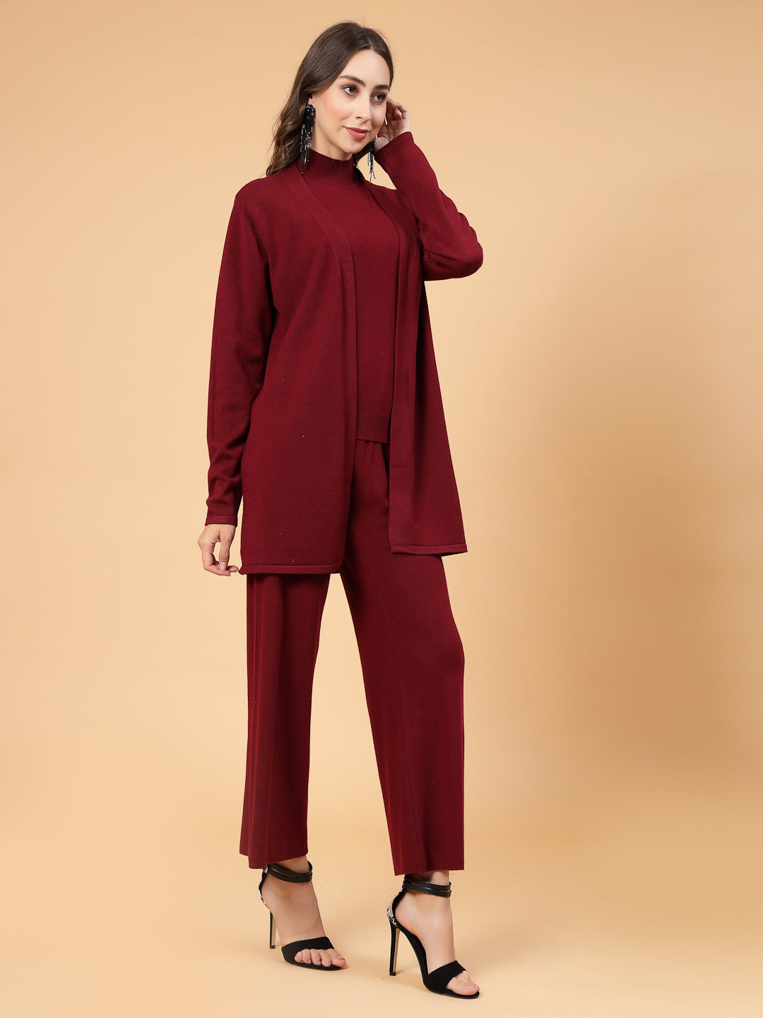 Mafadeny Women Winter Wear Wine Three- Piece Co-Ords Set