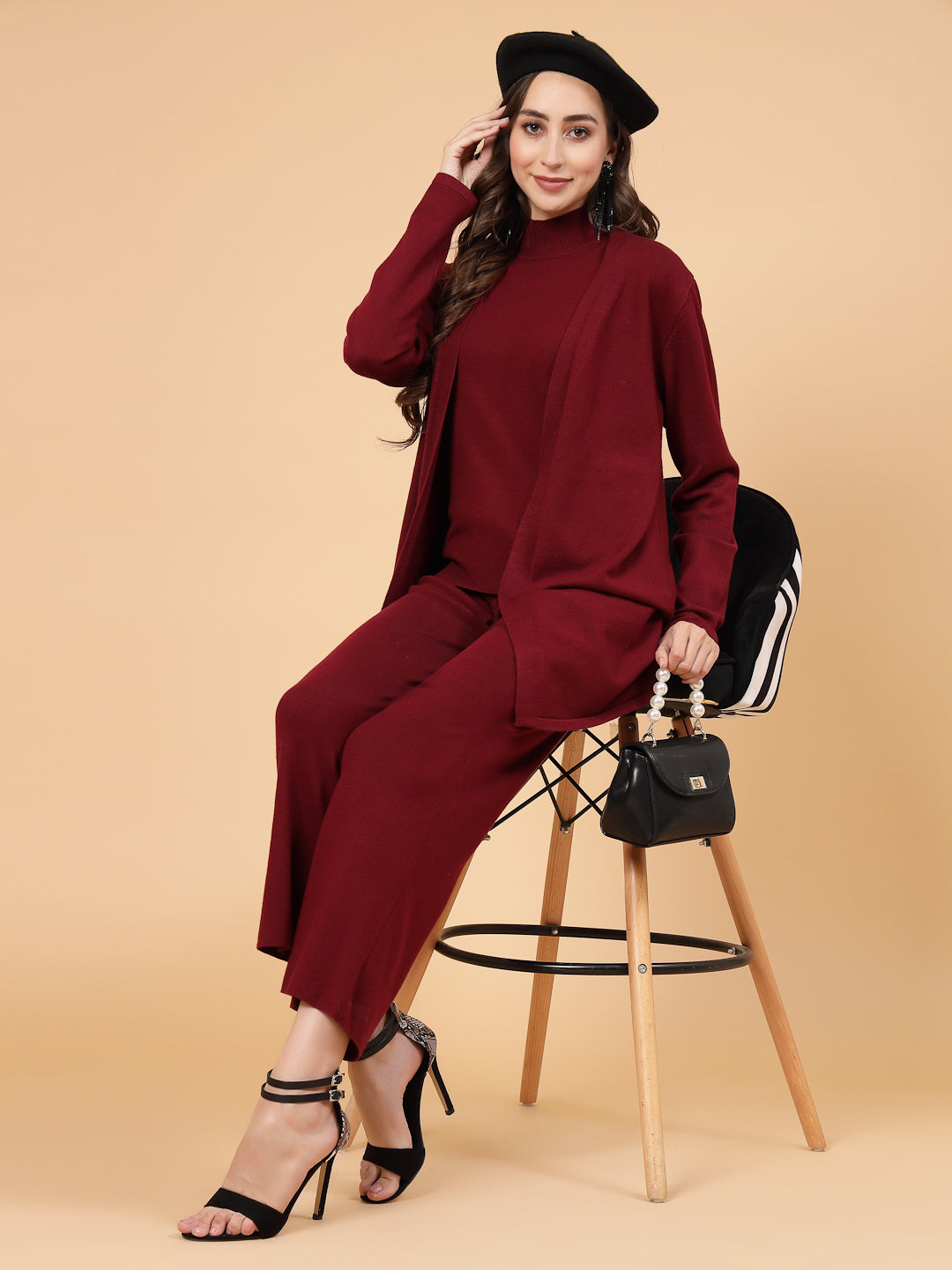 Mafadeny Women Winter Wear Wine Three- Piece Co-Ords Set