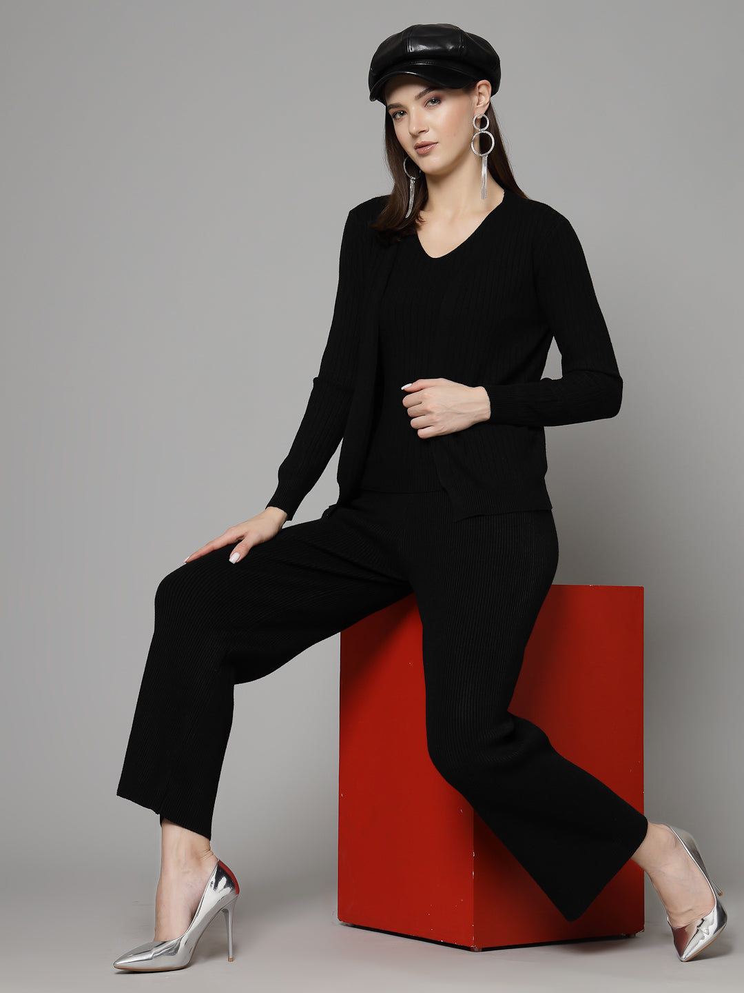 Mafadeny Women Winter  Wear Solid Black Top with Shrug & Trouser Co-Ords Set