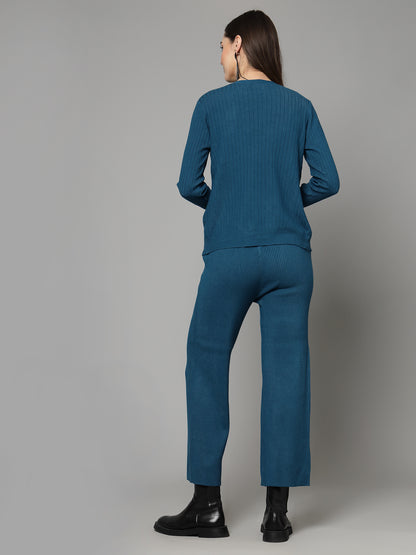 Mafadeny Women Winter  Wear Solid Teal Blue Top with Shrug & Trouser Co-Ords Set