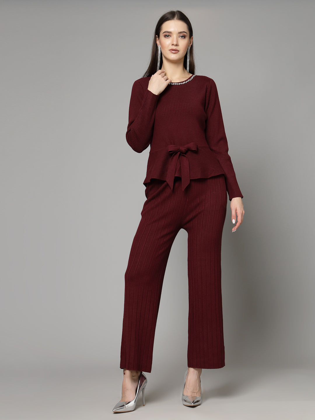 Mafadeny Women Winter  Wear Printed Wine Top with Trouser Co-Ords Set