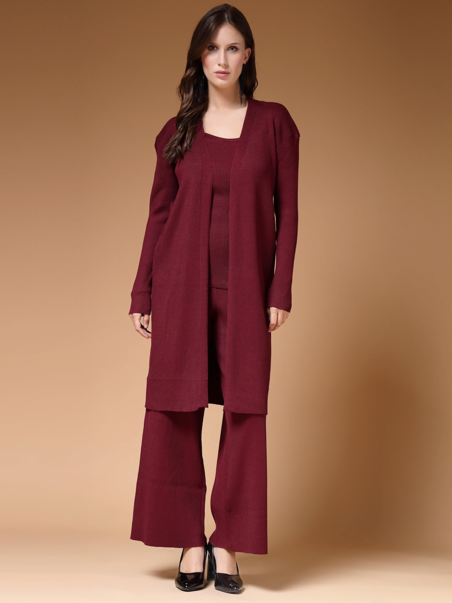 Mafadeny Women Winter Wear Mehroon Three- Piece Co-Ords Set