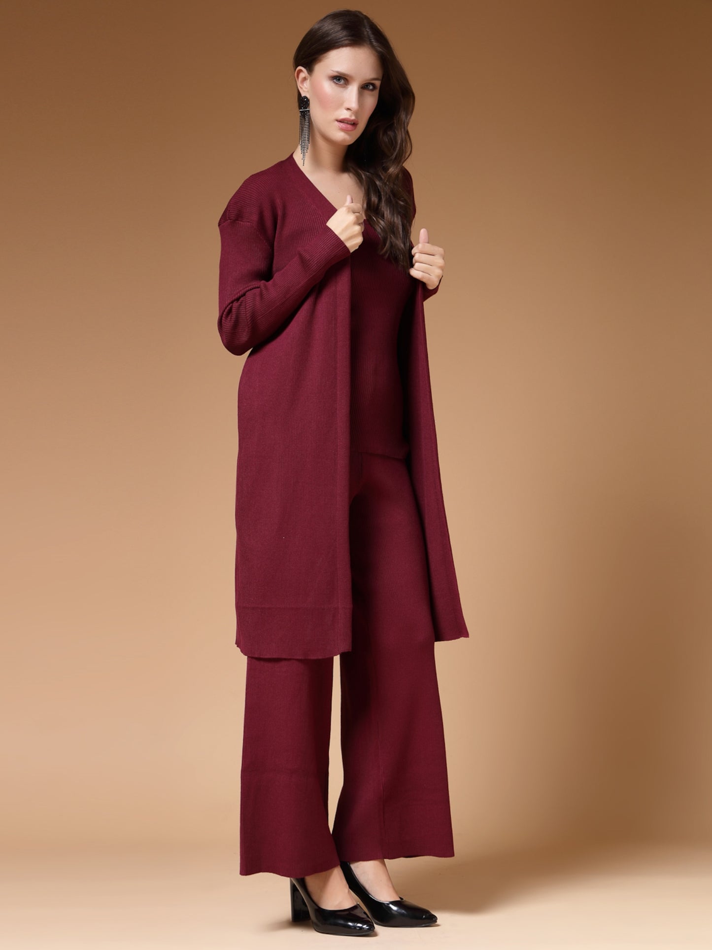 Mafadeny Women Winter Wear Mehroon Three- Piece Co-Ords Set