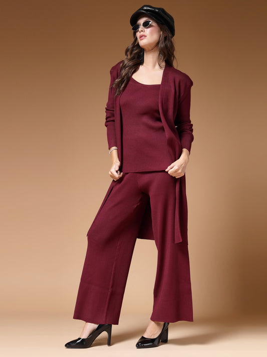 Mafadeny Women Winter Wear Mehroon Three- Piece Co-Ords Set