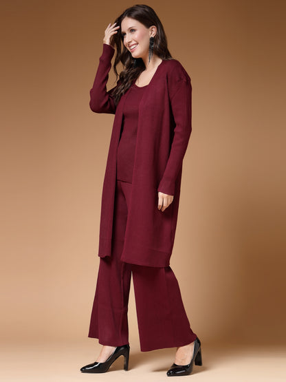 Mafadeny Women Winter Wear Mehroon Three- Piece Co-Ords Set