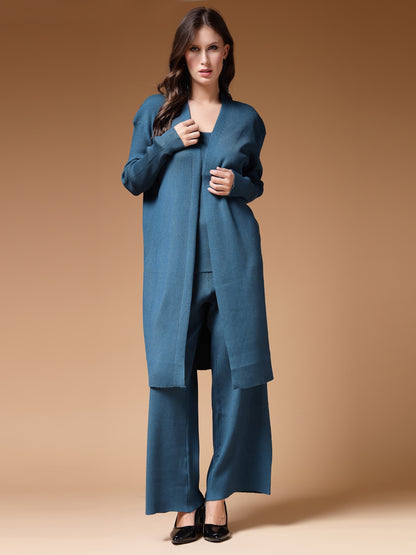 Mafadeny Women Winter Wear Teal Blue Three- Piece Co-Ords Set