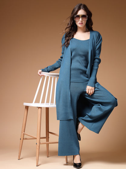 Mafadeny Women Winter Wear Teal Blue Three- Piece Co-Ords Set