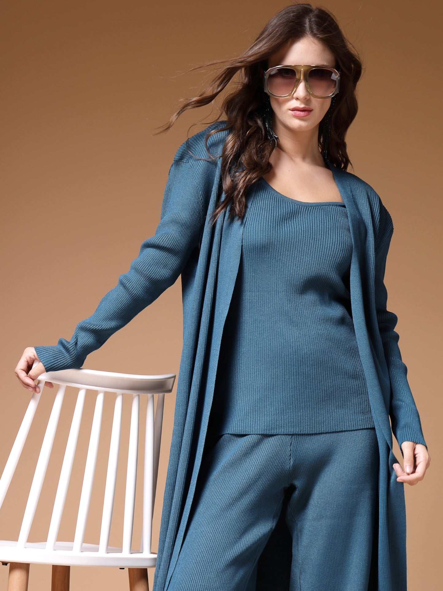 Mafadeny Women Winter Wear Teal Blue Three- Piece Co-Ords Set