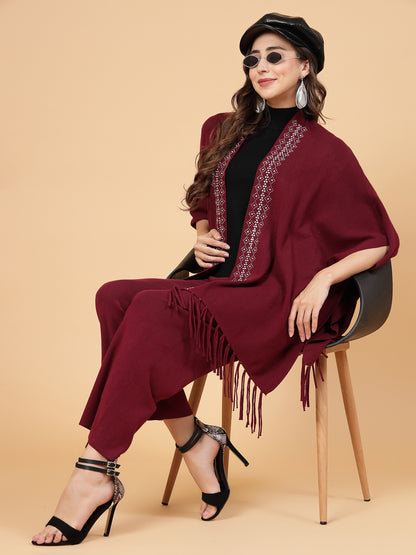 Mafadeny Women Winter Wear Wine Three- Piece Co-Ords Set