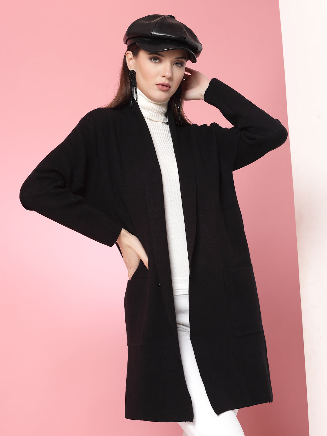 Mafadeny Women Winter Wear Black Longline Shrug