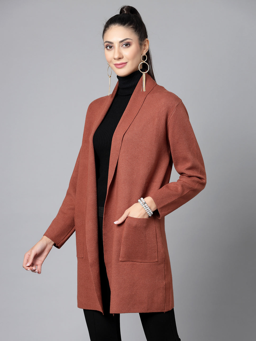 Mafadeny Women Winter Wear Brown Longline Shrug