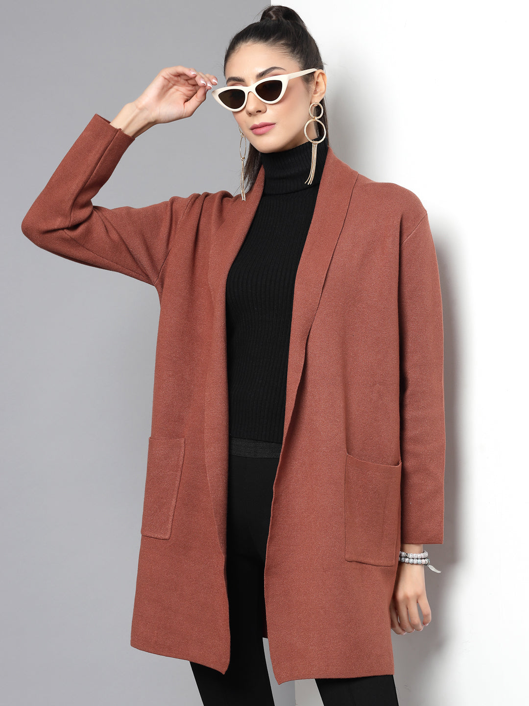 Mafadeny Women Winter Wear Brown Longline Shrug