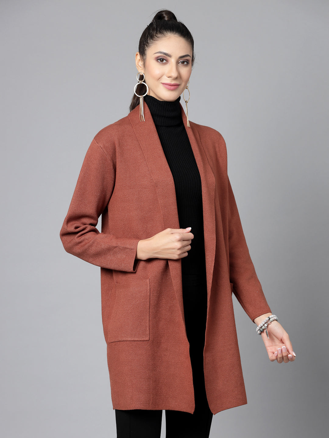 Mafadeny Women Winter Wear Brown Longline Shrug