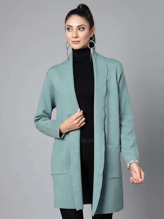 Mafadeny Women Winter Wear Green Longline Shrug