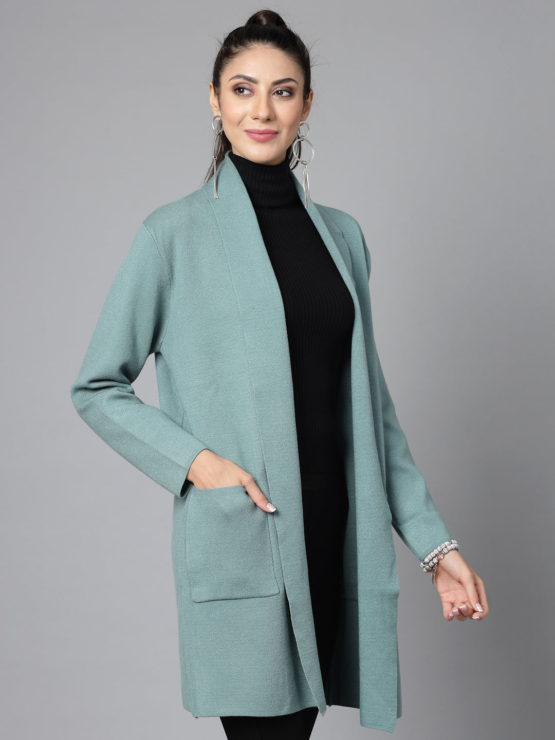 Mafadeny Women Winter Wear Green Longline Shrug