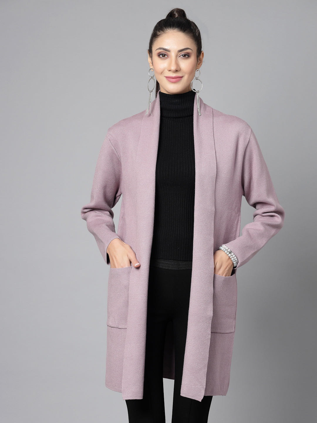 Mafadeny Women Winter Wear Mauve Longline Shrug