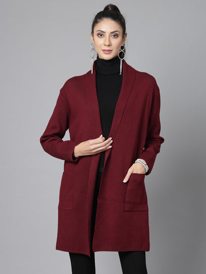 Mafadeny Women Winter Wear Maroon Longline Shrug