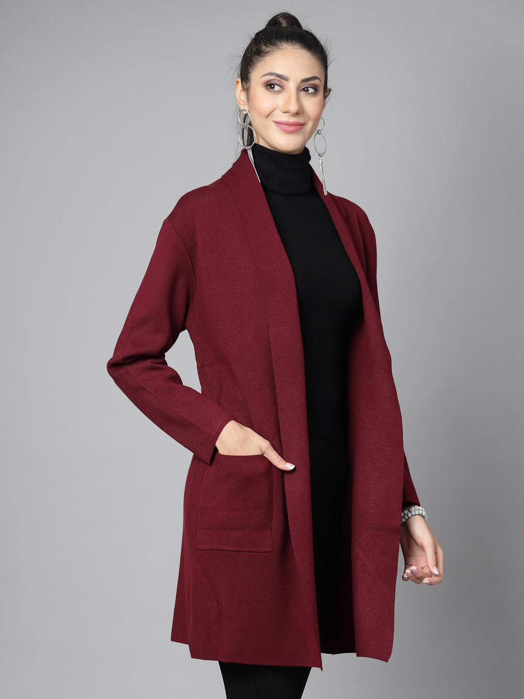 Mafadeny Women Winter Wear Maroon Longline Shrug