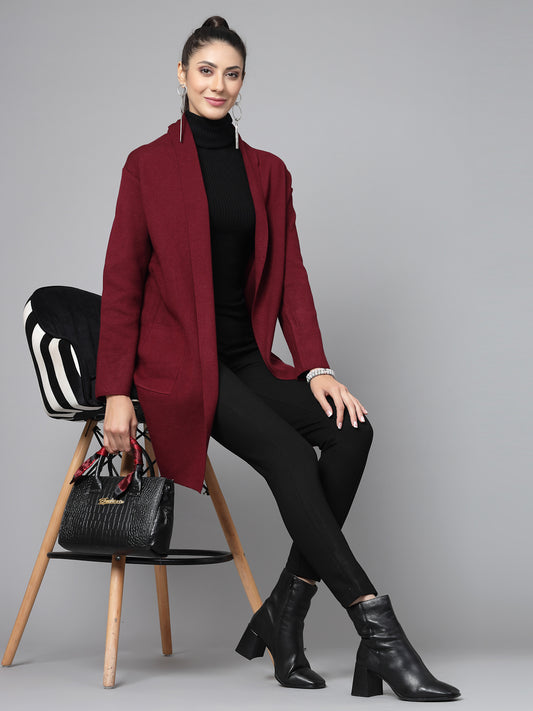 Mafadeny Women Winter Wear Maroon Longline Shrug