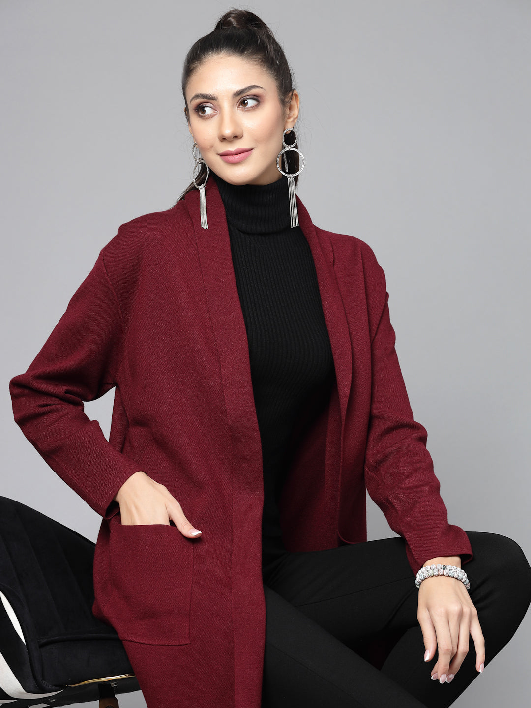 Mafadeny Women Winter Wear Maroon Longline Shrug