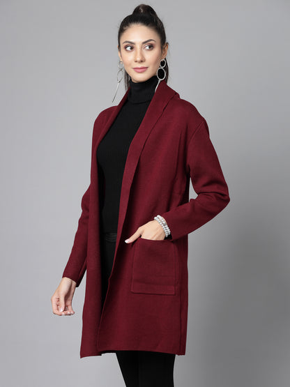 Mafadeny Women Winter Wear Maroon Longline Shrug