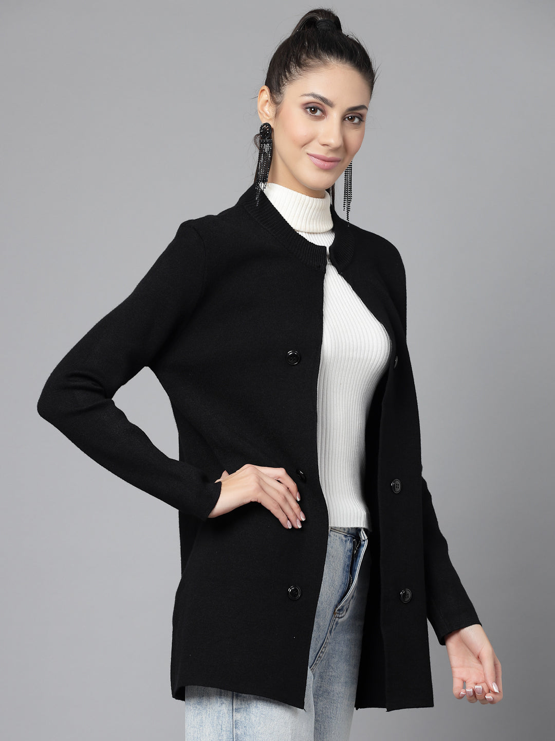 Mafadeny Women Winter Wear Black Longline Shrug