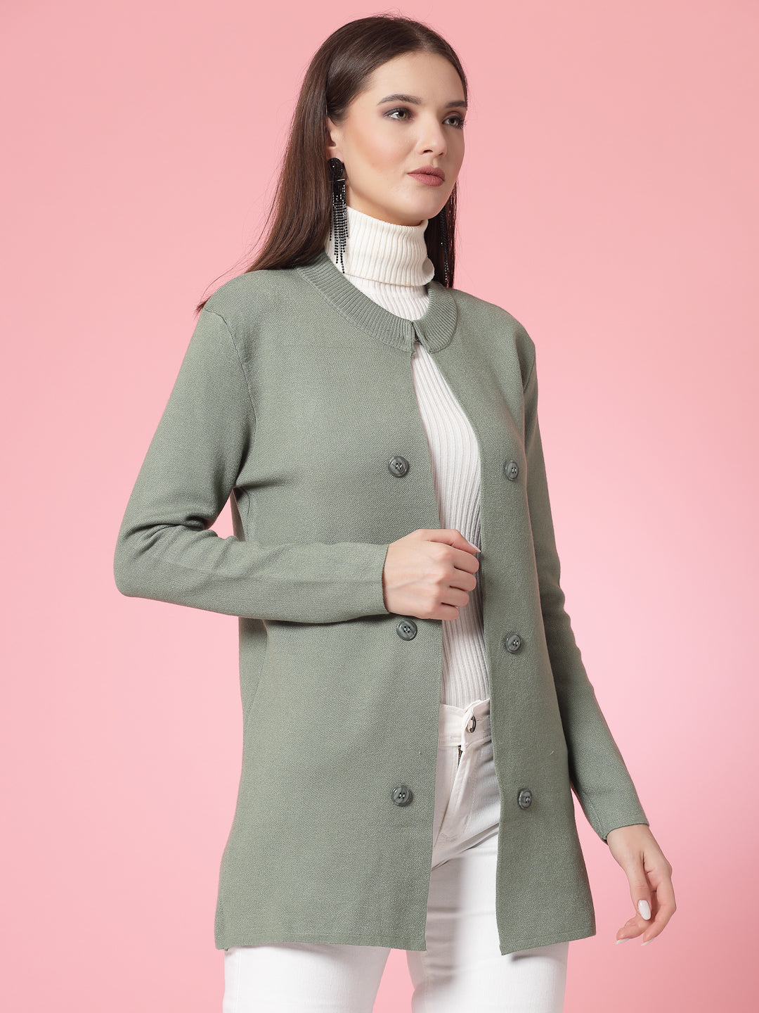 Mafadeny Women Winter Wear Green Longline Shrug