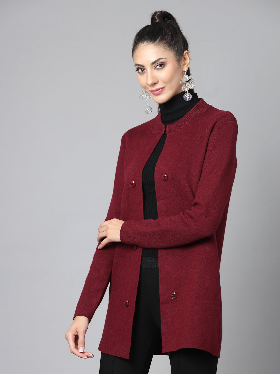 Mafadeny Women Winter Wear Maroon Longline Shrug