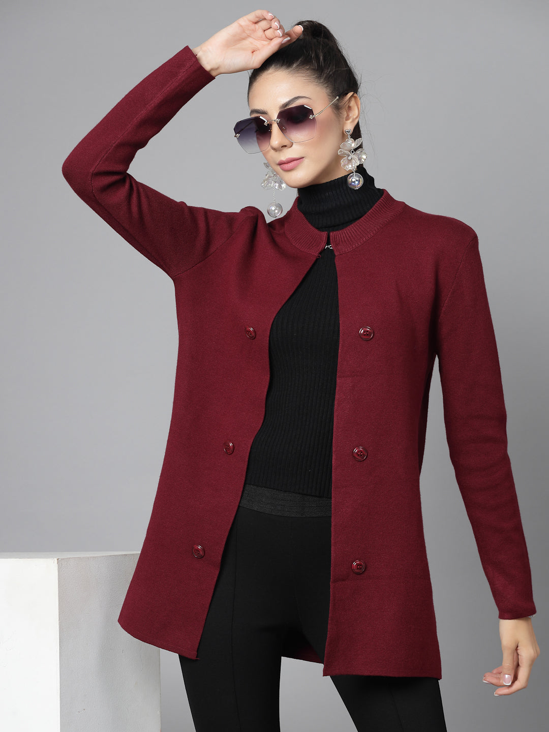 Mafadeny Women Winter Wear Maroon Longline Shrug